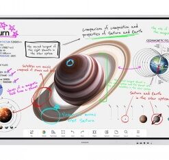 Samsungs 75-tums digitala whiteboard med pekskärm och grafik av Saturnus samt anteckningar.