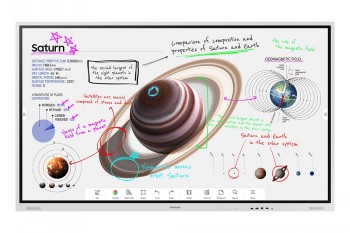 Samsung 85" Flip Pro digital pekskärm med Saturnusdiagram. En digital 85-tums Samsung Flip Pro pekskärm, som visar diagram av Saturnus och anteckningar.
