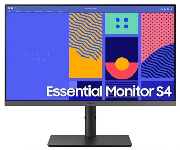 Samsung S24F434 24" ramfri bildskärm med elegant design. Samsung ramfri 24-tums bildskärm med svart stativ, färggrafik på skärmen.