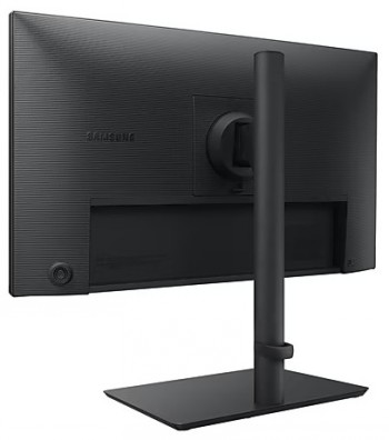 Baksidan av Samsung S24F434-bildskärmen och justerbart stativ Baksidan av den svarta 24-tums Samsung S24F434-bildskärmen. Tunn ram och justerbart stativ.