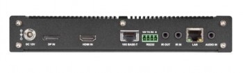 Black Box MCX S9 4K60 nätverkskodarens bakpanel med anslutningar Svart nätverksbaserad AV-kodare bakpanel med HDMI-, DisplayPort-, LAN- och ljudanslutningar.