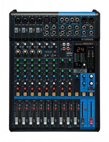 12-kanals Yamaha MG12XU-mixerbord med svart och blå frontpanel och reglage.