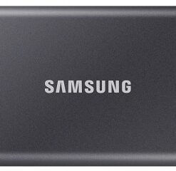 Samsung T7 extern SSD 1TB, grå lagringslösning. Grå, rektangulär Samsung T7 SSD med varumärkets logotyp i mitten.