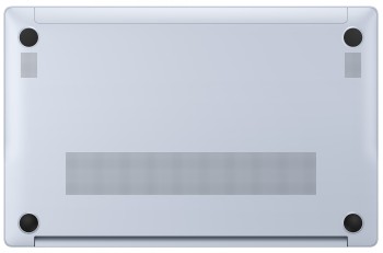 Samsung Galaxy Book5 Edge 5G - undersidan av bärbar dator, blå modell. Undersidan av en bärbar dator, blå färg, fyra runda fötter i hörnen, ventilationsöppningar synliga.