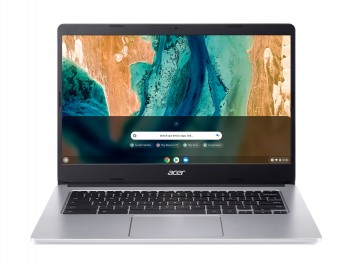 ACER Chromebook CB314-2H 14' FHD bärbar dator ACER Chromebook 14 tum, tunn silverfärgad bärbar dator, Full HD-bildskärm, öppnad snett framifrån.