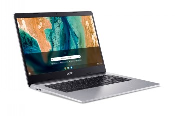 Acer Chromebook CB314-2H 14-tums bärbar dator i elegant silverfärg Acer Chromebook 14-tums bärbar dator, silverfärgat metallchassi, svart tangentbord, skärmen på och synvinkel något från sidan...