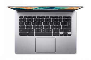 Acer Chromebook CB314 - tunn och lätt bärbar dator med 14-tums bildskärm. Vy från ovan av en grå Acer Chromebook CB314 bärbar dator med svart tangentbord och stor styrplatta.