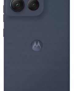 Mörkblå Motorola G86 Power-smarttelefon med tre kameror och LED-blixt på baksidan.