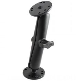 Lång svart RAM Mounts-arm med två runda baser och kulor, avbildad mot en vit bakgrund.