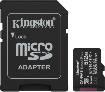 KINGSTON 512 GB CANVAS SELECT PLUS GEN3 MICROSD, A1, U3, V30 (150R) + ADAPTER