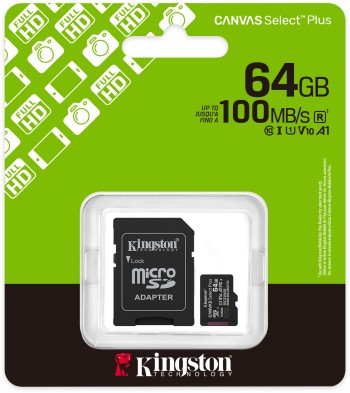 KINGSTON 64 GB CANVAS SELECT PLUS GEN3 MICROSD, A1, U1, V10 (100R) + ADAPTER