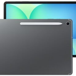 Samsung Galaxy Tab S10 FE 5G-surfplatta i grått, S Pen inkluderad. Samsung Galaxy Tab S10 FE-surfplatta i grå färg, visad framifrån och bakifrån. Inkluderar S Pen.