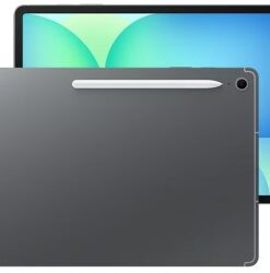 Samsung Galaxy Tab S10 FE+ WiFi 12+256 GB surfplatta i grått Grå Samsung Galaxy Tab S10 FE+ WiFi-surfplatta med en stor färgglad skärm fram och en silverfärgad S Pen fäst på baksidan.