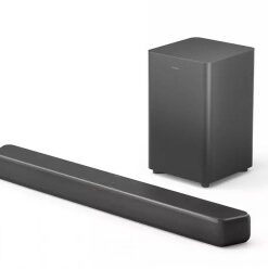 Philips B5309 soundbar och tillhörande subwoofer på en vit bakgrund.