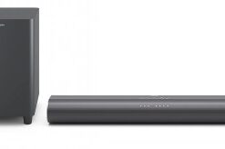 Svart Philips B6100 soundbar och separat subwoofer mot en vit bakgrund.