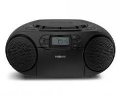 Svart Philips AZ2200 CD-spelare med två runda högtalare och en LCD-skärm framtill.