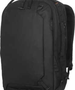 Svart Targus Commuter EcoSmart-ryggsäck, minimalistisk design, med bärhandtag och dragkedjor synliga.