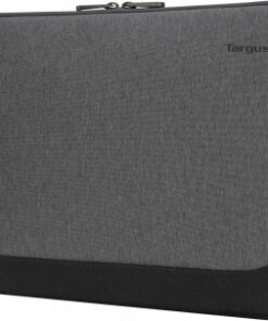 Grå Targus Cypress EcoSmart 15.6-tums skyddsfodral, svarta kanter, dragkedja upptill.