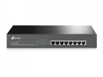 Svart 8-portars TP-Link-switch med metallhölje, LED-indikatorer och nätverkskabelportar i framsidan.