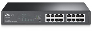 En 16-portars TP-Link TL-SG1016PE PoE+ switch i svart metall sedd framifrån, med synliga portar och LED-lampor.