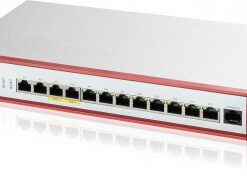 ALT-text: Zyxel-brandvägg med röda kanter och flera nätverksportar samt USB-port, placerad horisontellt på en bordsyta.