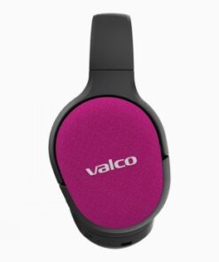 Fuchsiafärgade Valco VMK25 hörlurar med svart ram, närbild från sidan.