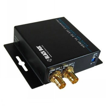 Svart rektangulär HDMI-3G/HD-SDI-omvandlare med två gyllene anslutningar och Black Box-logotyp.