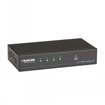 Svart rektangulär HDMI-fördelare med fyra indikatorlampor på framsidan och Black Box-logotyp.