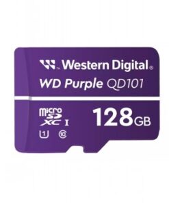 Lila Western Digital Purple 128GB microSD-minneskort med vita markeringar, platt vy framifrån.
