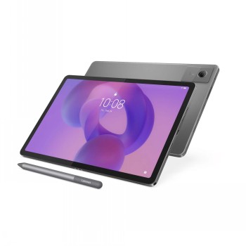 Lenovo Idea Tab 11.0" 5G-surfplatta i elegant grå färg. En 11-tums Lenovo-surfplatta i grått, med penna och en lila bakgrundsbild på skärmen.
