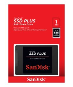 Ssd Plus 1TB SATA 2.5" SSD näyttää mustan aseman punaisella tausta, mainostaen 1TB kapasiteettia, SATA III ja jopa 535MB/s nopeus. - Prisma-IT Web