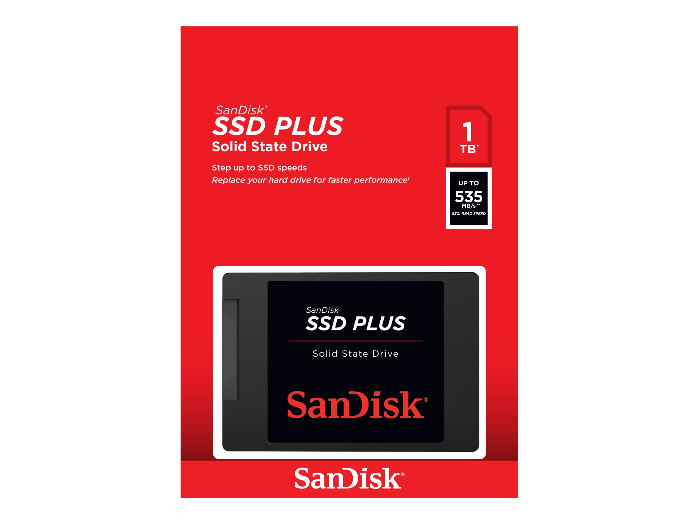 Ssd Plus 1TB SATA 2.5" SSD näyttää mustan aseman punaisella tausta, mainostaen 1TB kapasiteettia, SATA III ja jopa 535MB/s nopeus. - Prisma-IT Web