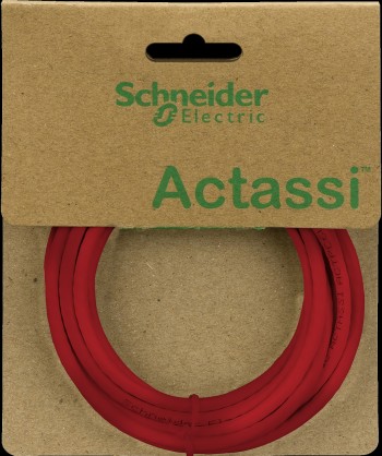 Punainen Schneider Electric Actassi -kytkentäkaapeli, 3,0 m, siististi kelalla, pahvisessa brändipakkauksessa.