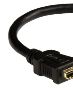 Vit lutande datadosa med två anslutningsuttag och löstagbar HDMI-kabel med svarta kontakter.