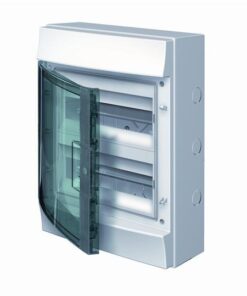 Vit ABB MISTRAL IP65 elcentral med transparent mörkgrå dörr, två rader och 24 moduler.