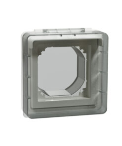 Schneider Electric Exxact IP44 skyddslock för allmän användning Ljusstarkt rektangulärt skyddslock med grå ram och transparent yta, fotograferat framifrån.