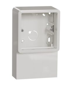 Vit Schneider Electric utanpåliggande kapsling med sned 2-delad ram och integrerad lampa.