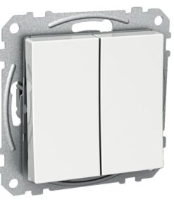 Schneider Electric Exxact 5-väggströmbrytare, vit fjäderanslutning Två vita strömbrytare av Schuko-typ i en metallisk installationsram.