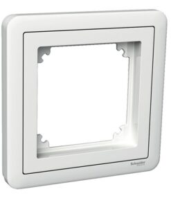 Schneider Electric Exxact 1-delad ram med adapter, vit Vit, kvadratisk kombination av Schneider Electric Exxact-ram och adapter sedd från snett framifrån.