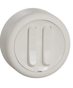 Vit Schneider Electric Renova utanpåliggande strömbrytare, rund design med två vippor, sedd framifrån.