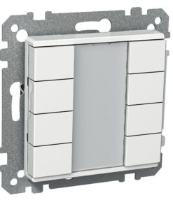 Vit 8-delars KNX-tryckknapp med grå metallram. Bild framifrån.