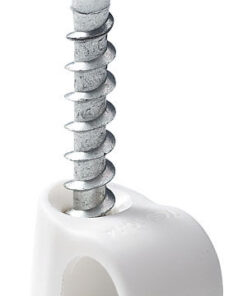 Vit plastfäste med torx-huvud. Bilden visar fästets detaljer, såsom den spiralformade metallskruven...