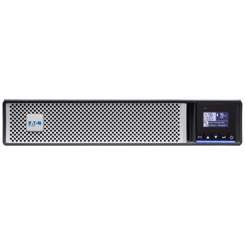 Eaton 5PX2200I RT2U G2 strömkälla - elegant och kompakt modell Eaton 5PX2200I RT2U G2 -strömlösning framifrån, svartvit rektangulär hölje med bildskärm till höger.