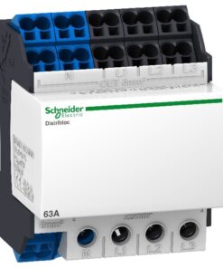 Schneider Electricin valkoinen ja musta haaroituslohko, jossa on siniset ja mustat liitännät, 63A 4P, nähtynä ylhäältä vii...