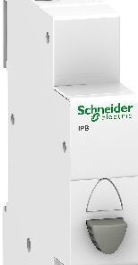 Schneider Electric stegknapp IPB, grå knapp, kompakt storlek Grå stegknapp med Schneider Electric-logotyp. Kompakt design, vit ram och grå knappdel. Vy framifrån ...