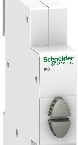 Vit Schneider Electric-knappmodul, grön och röd knapp på framsidan.