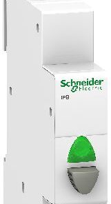 Vit Schneider Electric-strömbrytare med grönt ljus och knapp, vertikal vy.