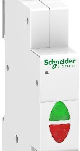Schneider Electric IIL dubbelindikator grön/röd 12-48V Vit Schneider Electric dubbelindikator med grönt och rött LED-ljus framtill, sett i vertikalt perspektiv.