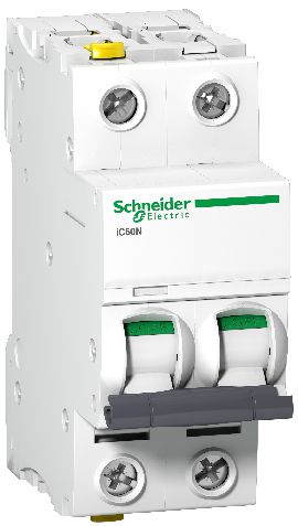 Vit och grön dvärgbrytare med två brytare och Schneider Electric-logotyp.