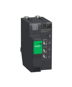 En Schneider Electric Modicon M580 CPU-enhet i svart och grönt, med anslutningar synliga på framsidan.